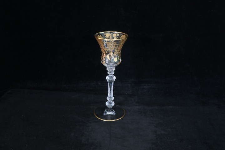 CAMBRIDGE GLASS CLEAR # 3500 STEM 1 OZ. ROSE POINT CORDIAL GOLD ENCRUSTED