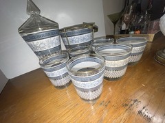 MCM 1950s Corinthian Hellenic Grecian Blue Jeanette Glass Barware Set 9-pc Set