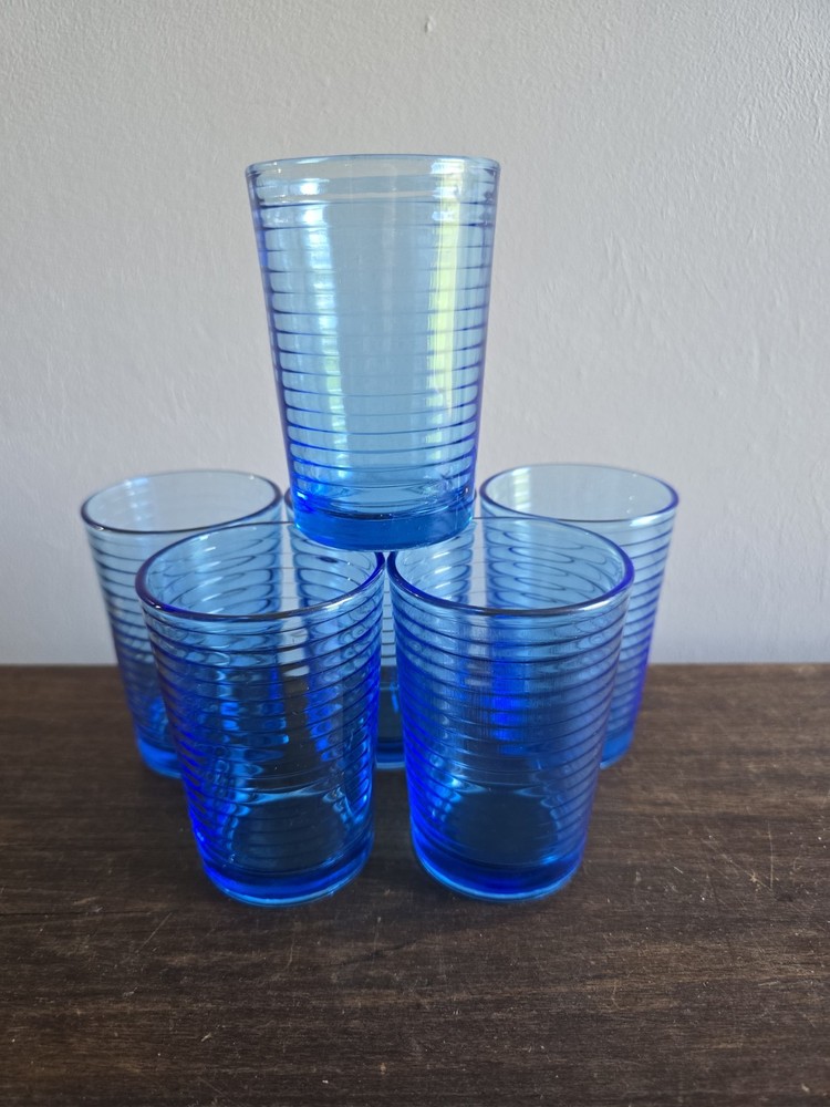 Set Of 6 VTG Indonesia Blue Ribbed/lined 6oz Juice Tumblers Glasses Glassware
