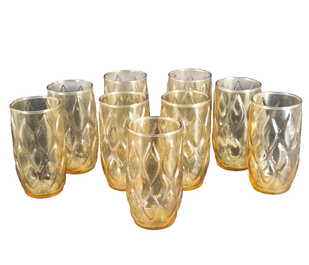 9 Vtg MCM Anchor Hocking Madrid Honey Gold Tumbler Drinking Glasses 5″ 13 oz