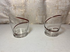 1 SOURCE INC. ~ HAND BLOWN ~ RED SWIRLINE OLD FASHION GLASS SET OF 2 ~ 4 Oz.