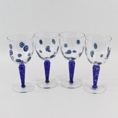 4 Vintage Millefiori Design Handblown Wine Glasses Cobalt Blue Stems