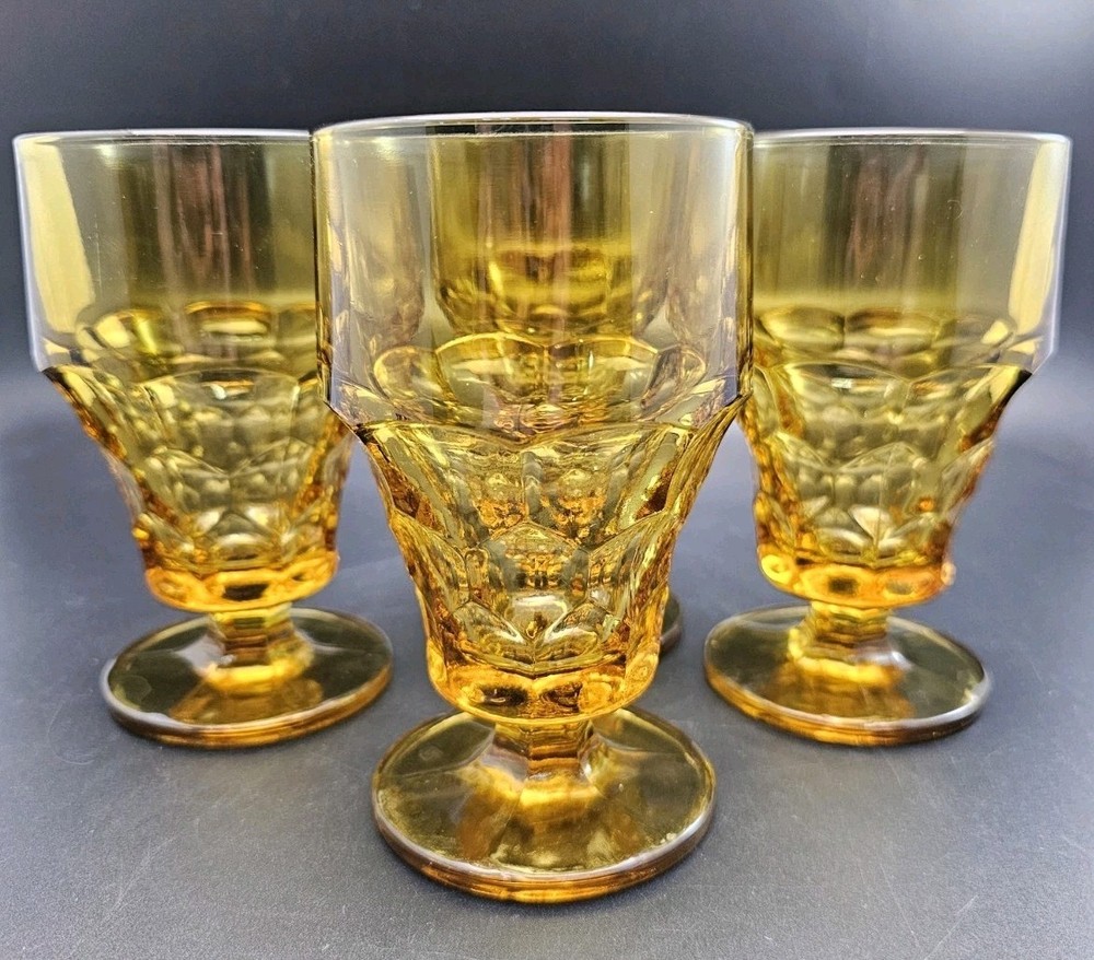 Set of 4 Anchor Hocking Amber Georgian Pedestal Honeycomb Tea Glasses 12 Oz