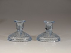 Vintage Pair of Deco Blue Glass Butterfly & Flowers Candlesticks c.1930