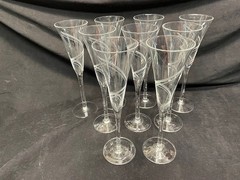 CHAMPAIGN FLUTES ETCHED SWIRL PATTERN WEDDING ELEGANT – SET OF 9