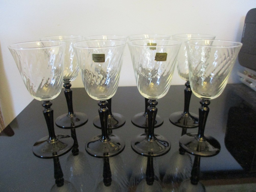 Set 8 Vintage France Luminarc Black Swirl Optic Glass Wine Goblets Stems!!