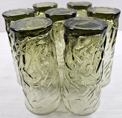 7) Libbey Aztec Olive Green 12 Oz Tumblers Lot Vintage Textured Crinkled MCM Lot