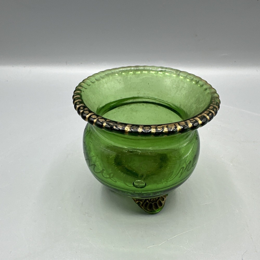 EAPG Colorado Green Footed Cup Punch Bowl Engraved Annie Irene 1910 Gold Rim