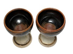Hand Thrown Art Pottery Chalices Goblets Stoneware Set 2 E Signature Stamp Brown