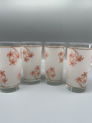 VTG Frosted Floral Tumblers Set 4 Peach Tiger Lily Glasses 12 oz Retro Barware