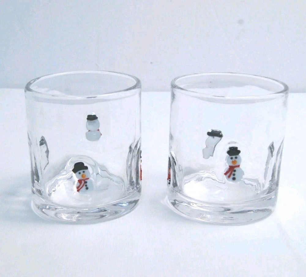 Double Old Fashioned Snowman Fused Glass – Pair of 2 Glasses, 12 oz Holiday Fun