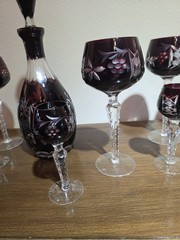 VTG Ruby Cut To Clear Crystal Decanter Wine Cordial Glass Set Bohemian Style MCM