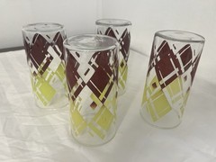 MCM VINTAGE TUMBLER GLASSES BROWN & YELLOW DIAMOND PLAID 6.5” X 3.24” Set Of 4