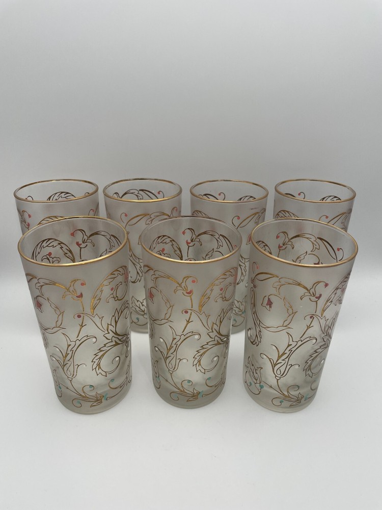 Libbey Frosted Gold Lace Floral Swirl Handpainted Tall Glasses Set of 6