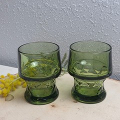 Vintage Green Glass Footed Honeycomb Tumblers Mid Century Modern Set 2