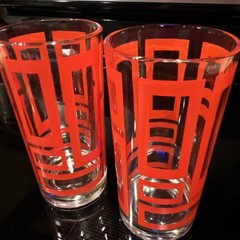 Vintage MCM Red Starburst Geometric Glass (Set of 2) 12 oz Tumblers