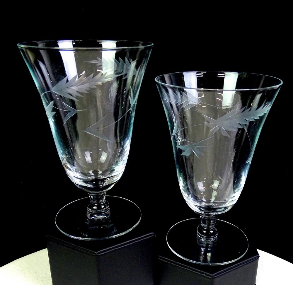 Elegant Glass Clear Etched Leaf Pattern 2 Piece 5 3/4″ Iced Tea Glasses 1930-