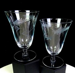 Elegant Glass Clear Etched Leaf Pattern 2 Piece 5 3/4″ Iced Tea Glasses 1930-