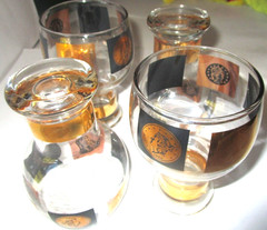 Vintage Federal Glass Cera Beer Goblets Black & Gold Coins Set of 4