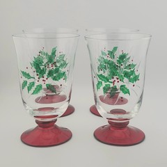Set 4 Vintage GORHAM Red Footed Festive Holly Goblets All Purpose Water Glasses