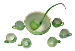 Murano Carlo Moretti 8 Pc Punch Bowl Set, Green & White Cased Glass OOAK, Italy