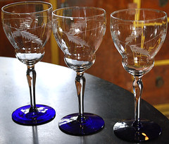 Vtg Set 3 Weston OPTIC CRYSTAL Cut Flower Water Goblets WGL19 COBALT BLUE FOOT
