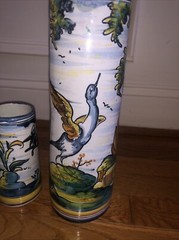 Mexican Talavera Art Pottery Hand Painted Tall Pitcher /Vase & Cup Signed Rabbit