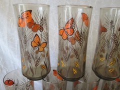 Set 11 Libbey Smoke Brown RETRO BUTTERFLIES 6.5″ tall Glasses Tumblers Butterfly