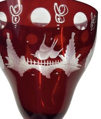 2 Vintage Bohemian Egermann Wine Glasses Castle Shield & Birds Cut Ruby To Clear