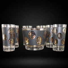 Vintage G. Reeves MCM Frosted Gold Highball Glasses Ice Bucket Barware Set 7 Pc