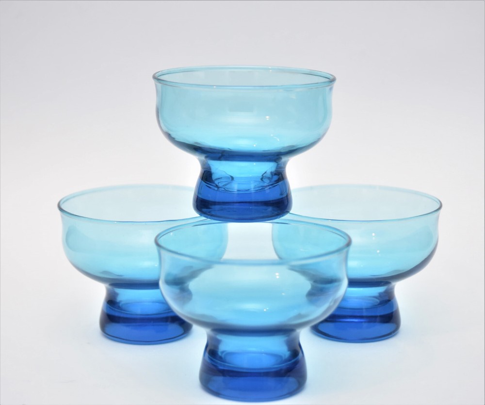 4 VINTAGE MCM ANCHOR HOCKING TIVOLI BLUE LASER 7 OUNCE LOW SHERBET ROCKS GLASS