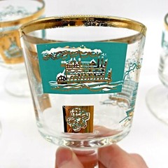 4 Libbey MCM Barware cocktail Glasses, Turquoise And Gold Pedestal, 1 Jigger