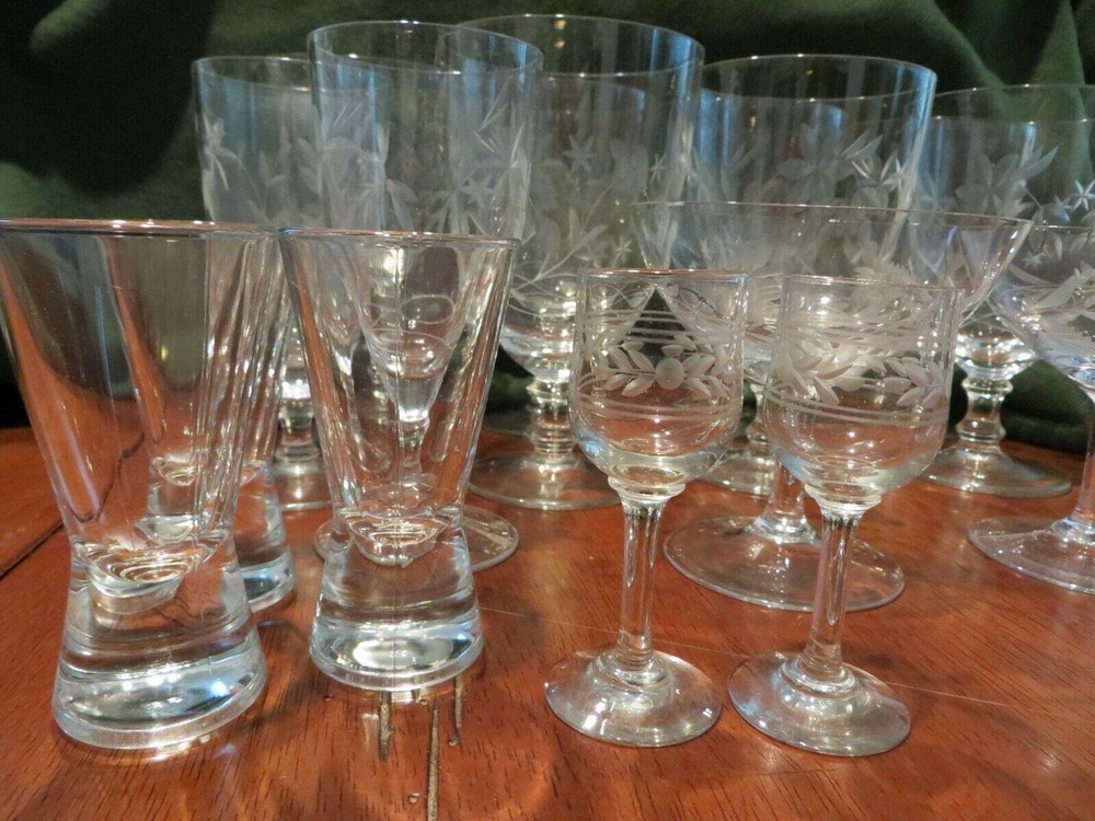Antique Floral Etched Glasses Bar Set with Wine Martini Cordial and Shot ED150