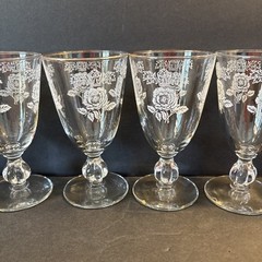 6 Vtg Gold Rim Homer Laughlin Queen Esther Floral Etched 4 oz. Stemware Used