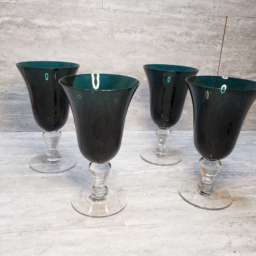 Dark Green Blue Glass Goblets with Clear Stem