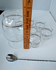MCM Anchor Hocking Cocktail Set Silver Bands Original Box Silver Trim Lot of 8