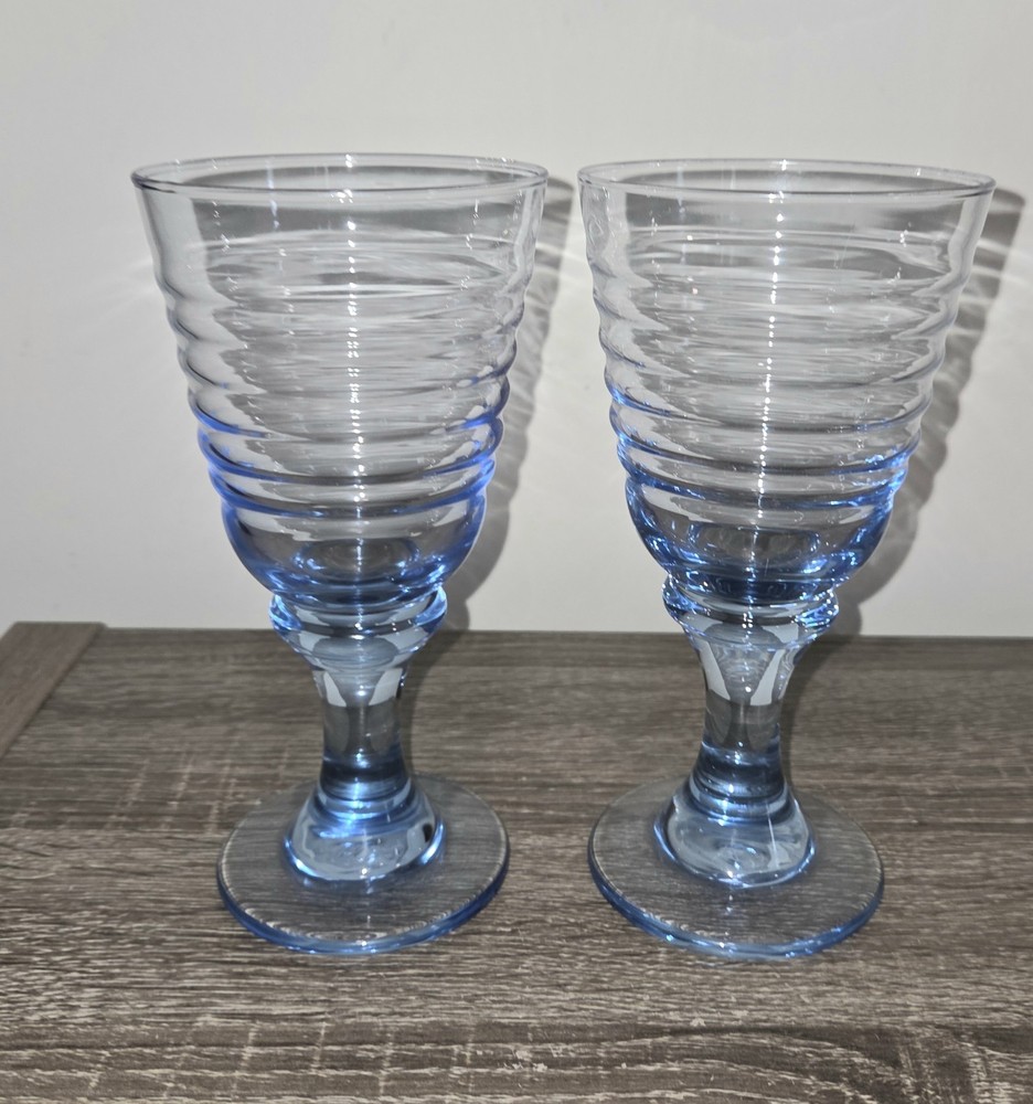 Set of 2 Vintage Libbey Ice Blue Sirrus Spiral Water Goblet Drinking Glass 7″