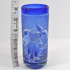 Mexican Hand Blown Tumbler Glass Cobalt Blue, Hand Painted Fish & Flowers 10 oz