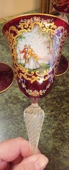 3 MURANO CRANBERRY HAND PAINTED BLOWN GLASS VENETIAN 24k GOLD LEAF STEM GOBLETS