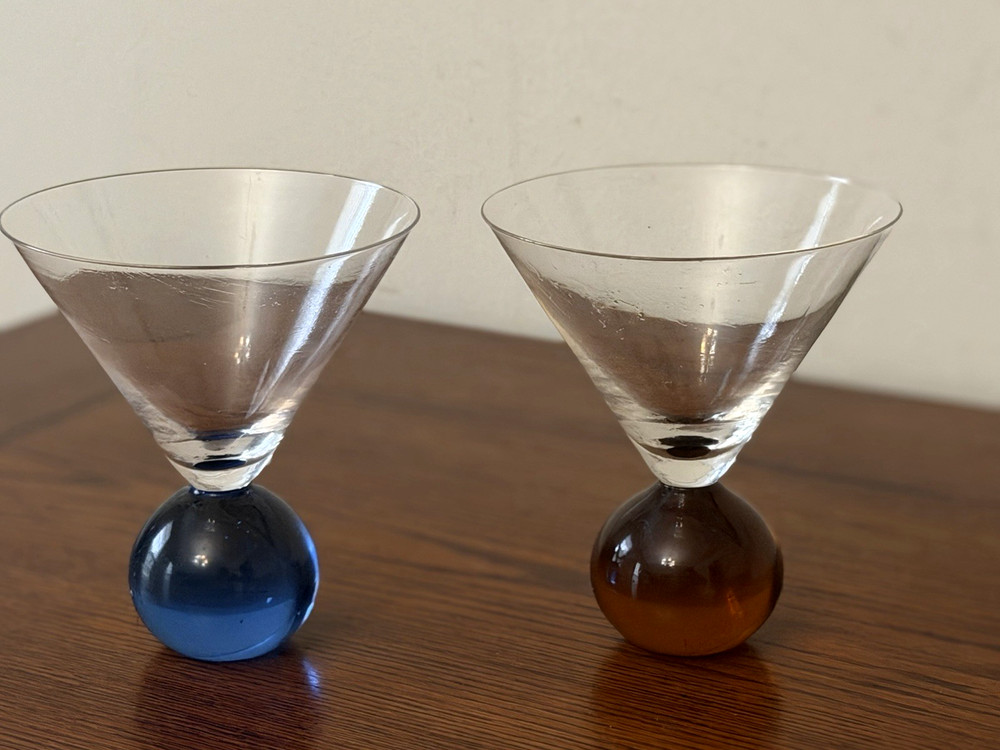 Set of 2 Post Modern Clear Glass Martini Glasses Blue & Amber Ball Base
