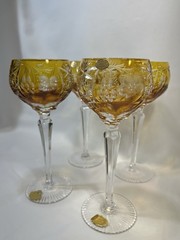 Nachtmann «Traube» Amber/Yellow Cut to Clear Crystal Hock Wine Glasses 4 *READ*
