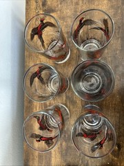 Set Of 6 Vintage 1950’s Hazel Atlas Gold Pheasant High Ball Bar Ware Glasses