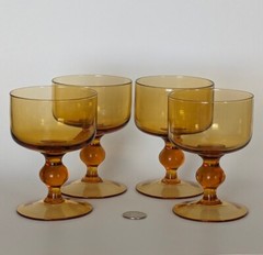 Set 4 Vtg MCM Amber GLASS Wine Water Liquor Goblets Ball Knopf Stem Bar Ware
