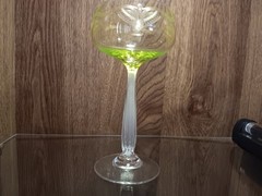Antique ETCHED Yellow Vaseline Glass Wine Goblet Clear Stem