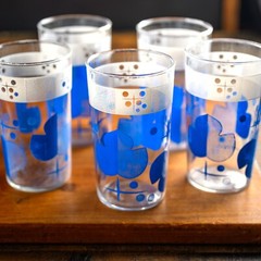 (4) Anchor Hocking Happy Home Glasses 60s Vintage MCM – FAIR – Blue White ATOMIC