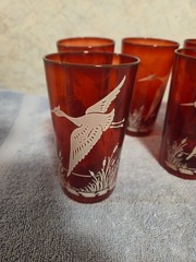 Vintage Anchor Hocking Ruby Red Royal Wild Geese And Cattails Tumbler Set Of 7
