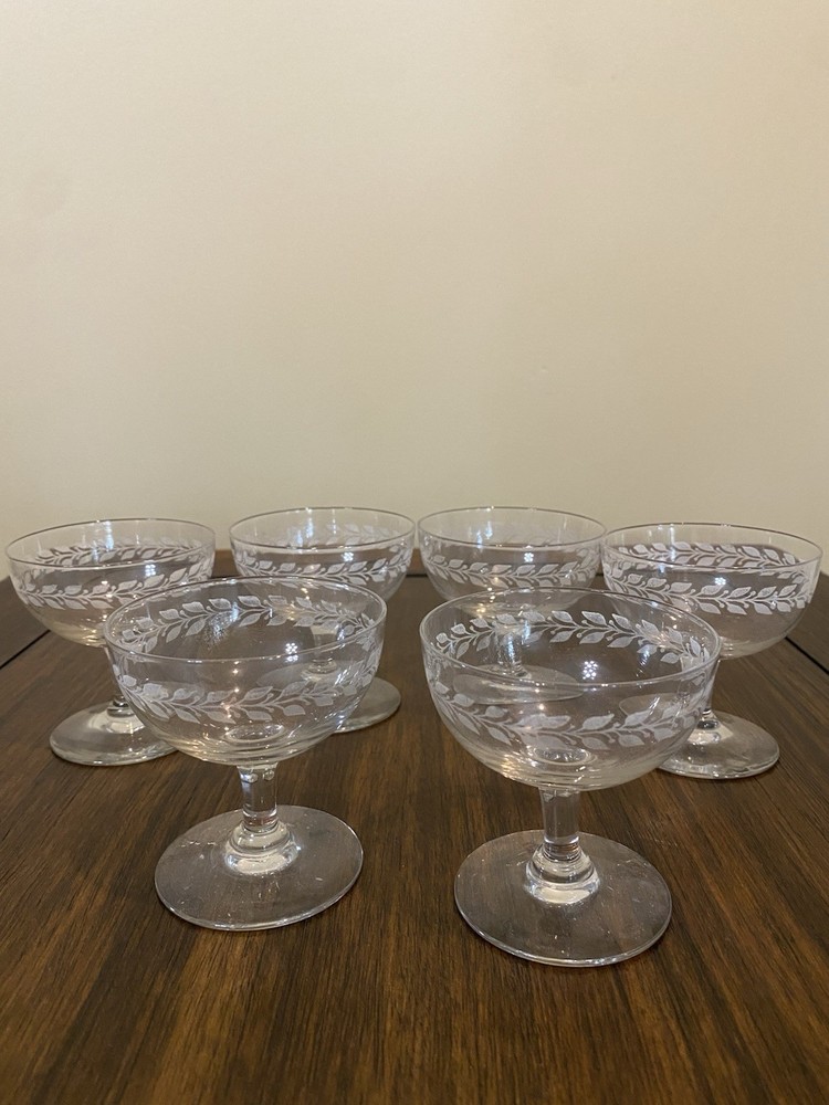 Vintage Sherbert Or Champagne Glasses W/Etched Leaves Set Of 6