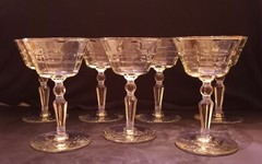 Set of 7, Cut Champagne Glasses w/Tulip-Like Bowl & Knop/Beveled Stem, 4¾» Tall.