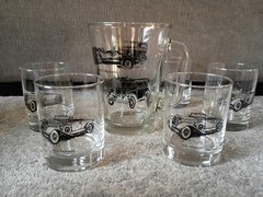 5 Vtg Lowball Cocktail Glasses And Pitcher/LG Glass with Vtg Cars