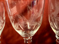 Vintage Etched with Fern Leaves and circles Tall Water Wine Goblets Set of 4